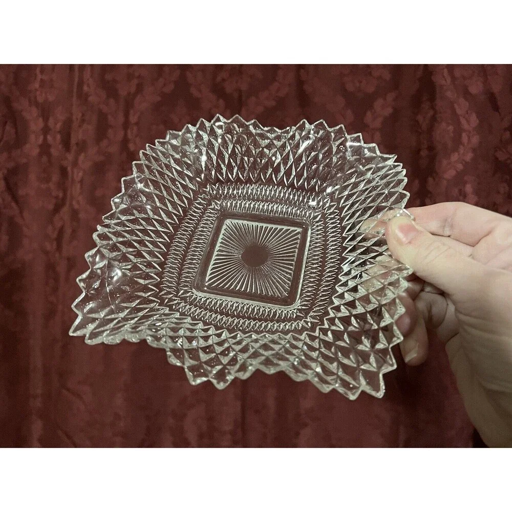 Set of 3 INDIANA GLASS Bowls Square Ruffle Diamond Point Candy Nut Dish Clear